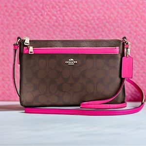 COACH East West Crossbody with Pop Up Pouch in Brown & Hot Pink